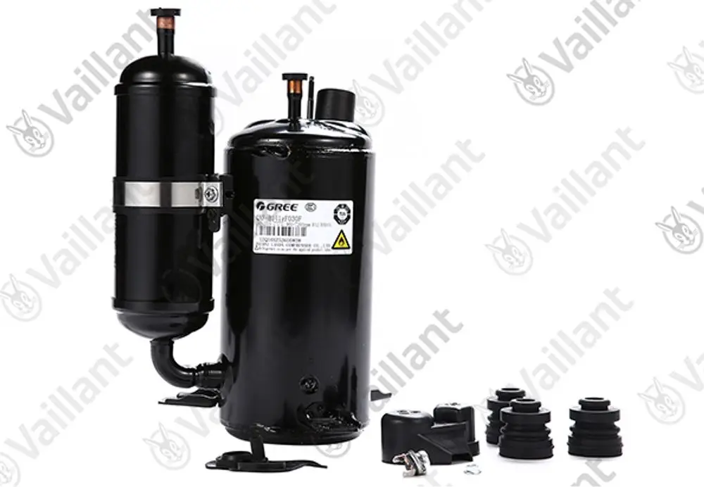 Schwarzer Vaillant Kompressor mit voluminösem Gehäuse, Anschlussrohren und mehreren Gummisockeln, geeignet für Klimaanlagen.